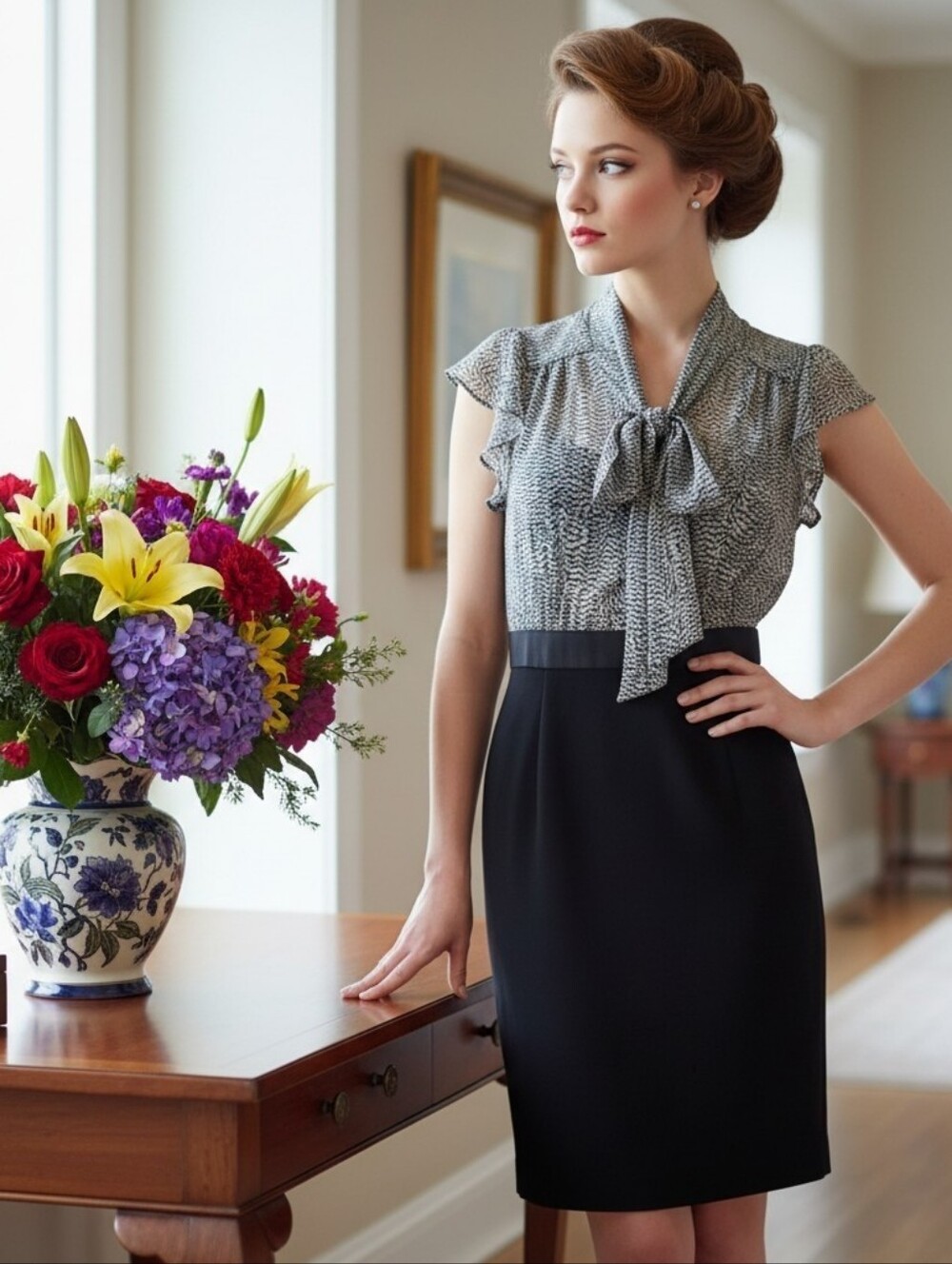 LOFT Black & Gray Tie-Front Flutter Cap Sleeve Mini Sheath Dress Size 4